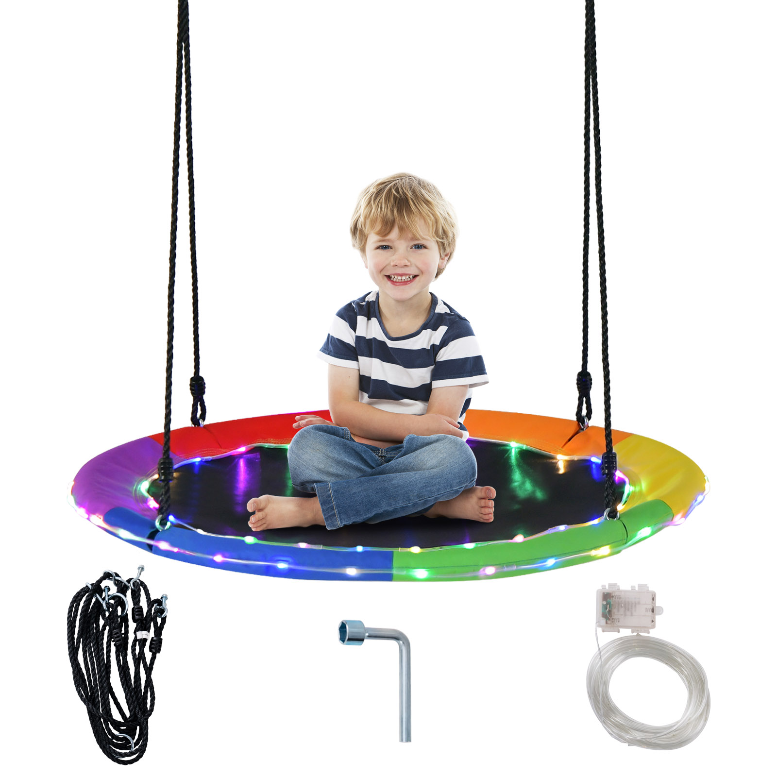 Flying Saucer Tree Swing with 8 Light Modes and Adjustable Hanging Ropes-Colourful