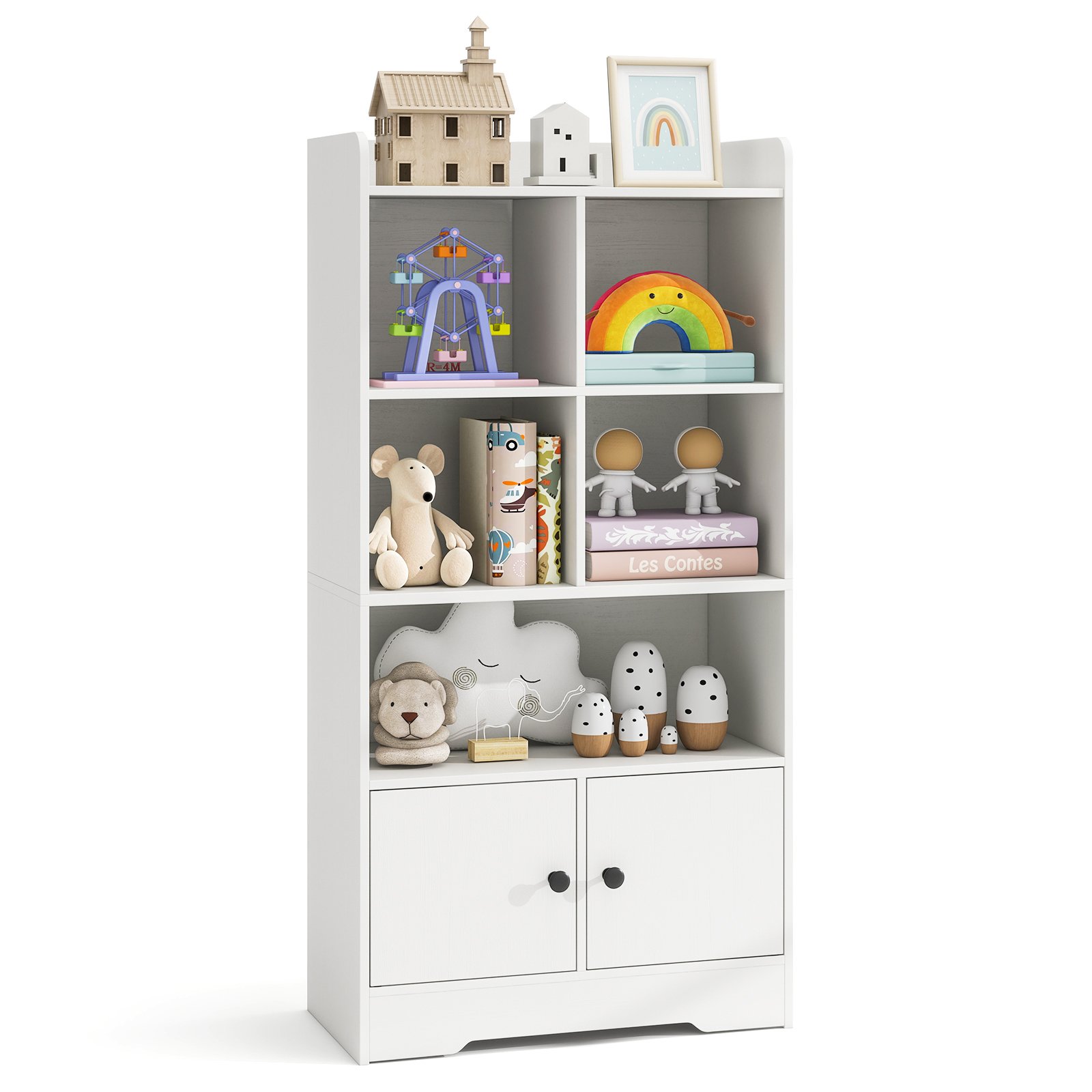 Freestanding Bookcase with 2 Storage Cabinets and 5 Cubbies-White