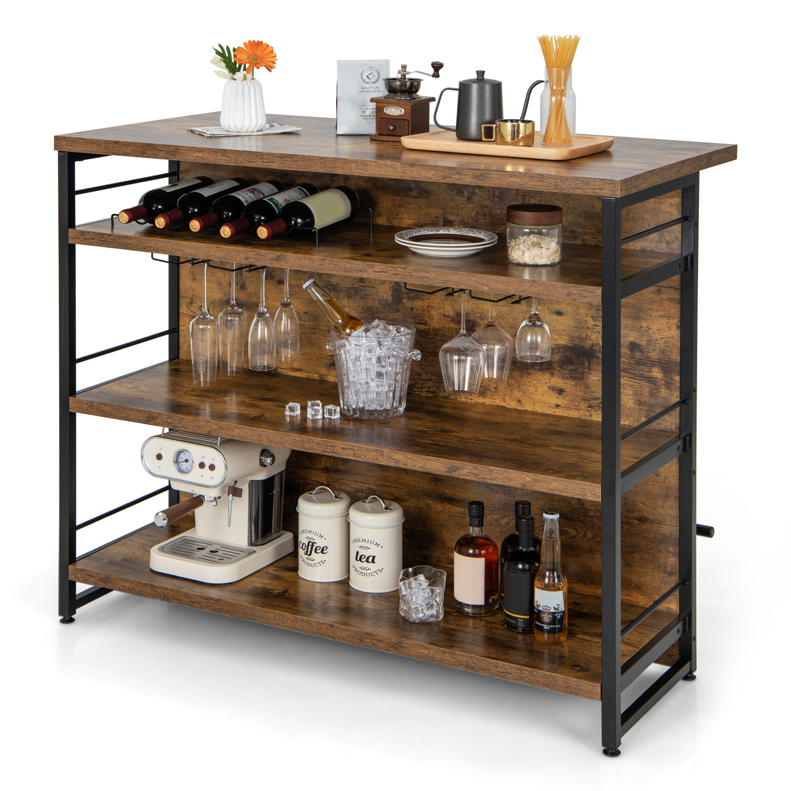 Industrial Home Bar Unit with 3 Open Shelves-Brown