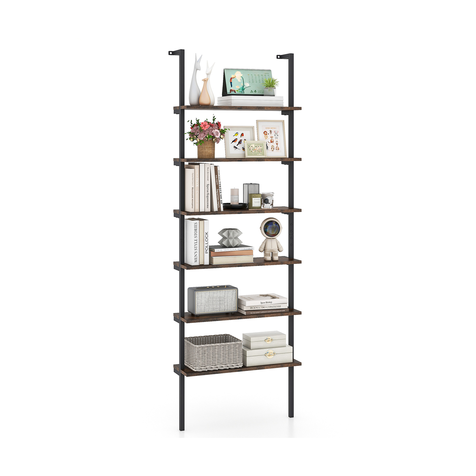 6-Tier Ladder Shelf Wall Mounted Bookshelf with Metal Frame-Rustic Brown