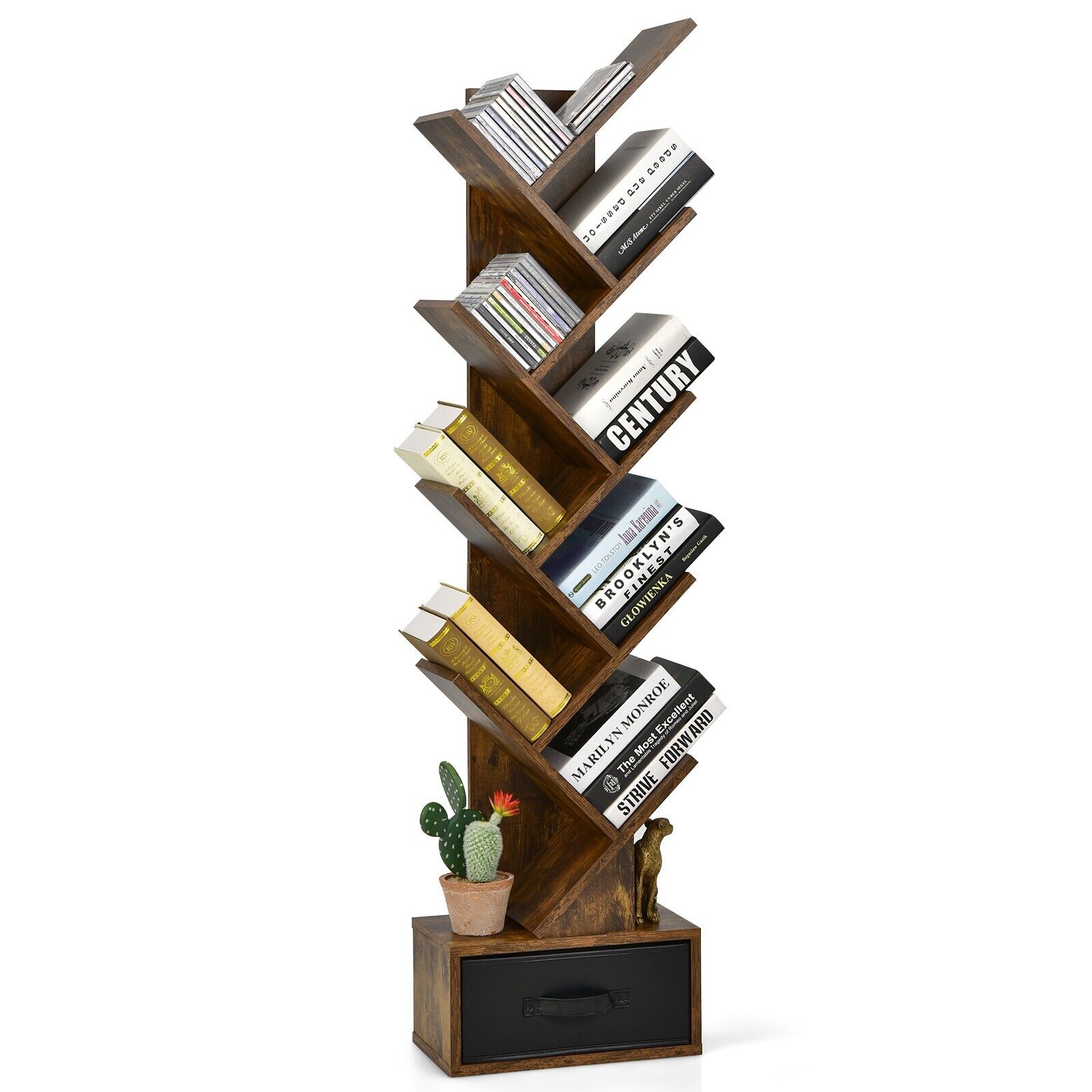 10-Tier Freestanding Tree Bookshelf with Drawer-Rustic Brown