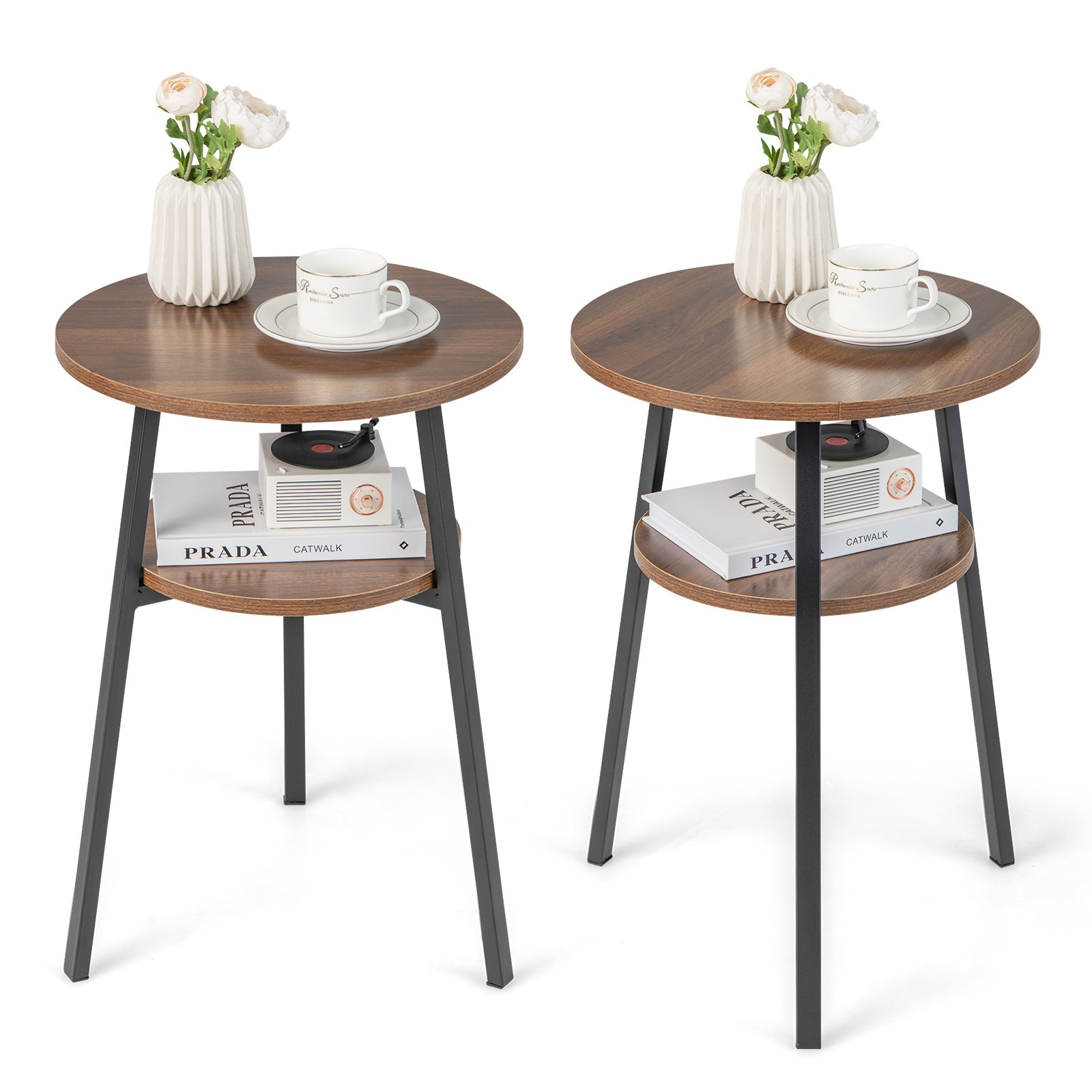 Set of 2 Round End Table 2-Tier Bedside Table with Open Storage Shelf-Walnut