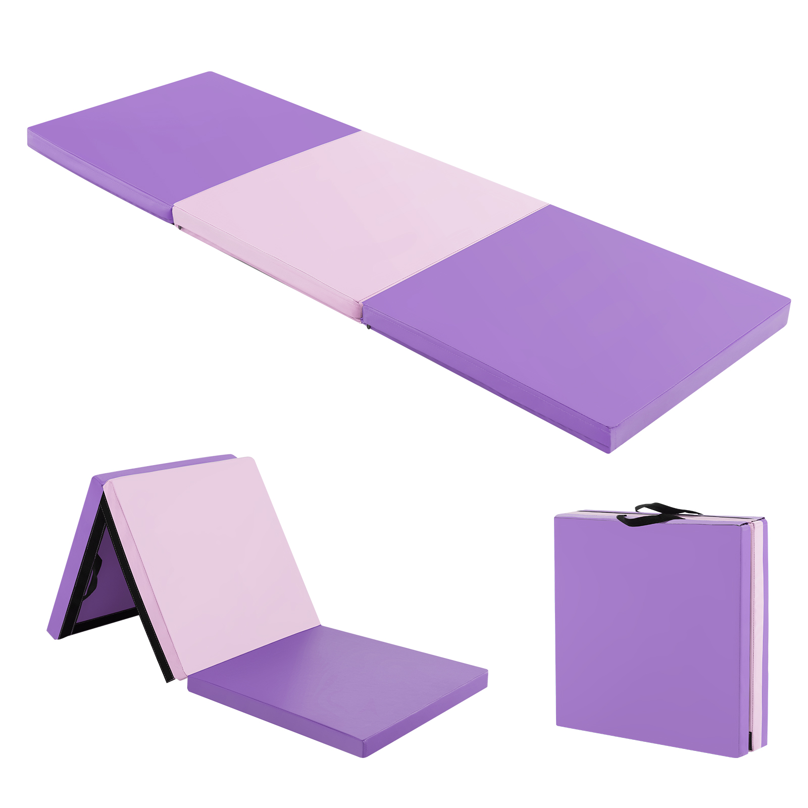 Tri-Fold Folding Exercise Mat with PU Leather Cover-Pink & Purple