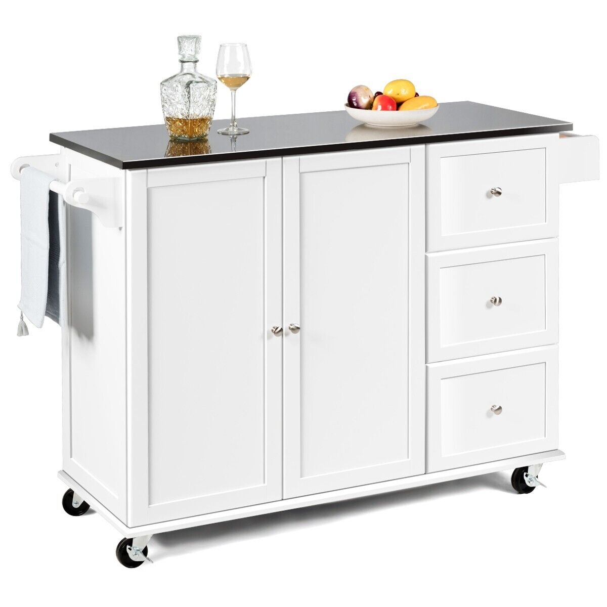 2-Doors Rolling Kitchen Island Cart with 3 Drawers-White