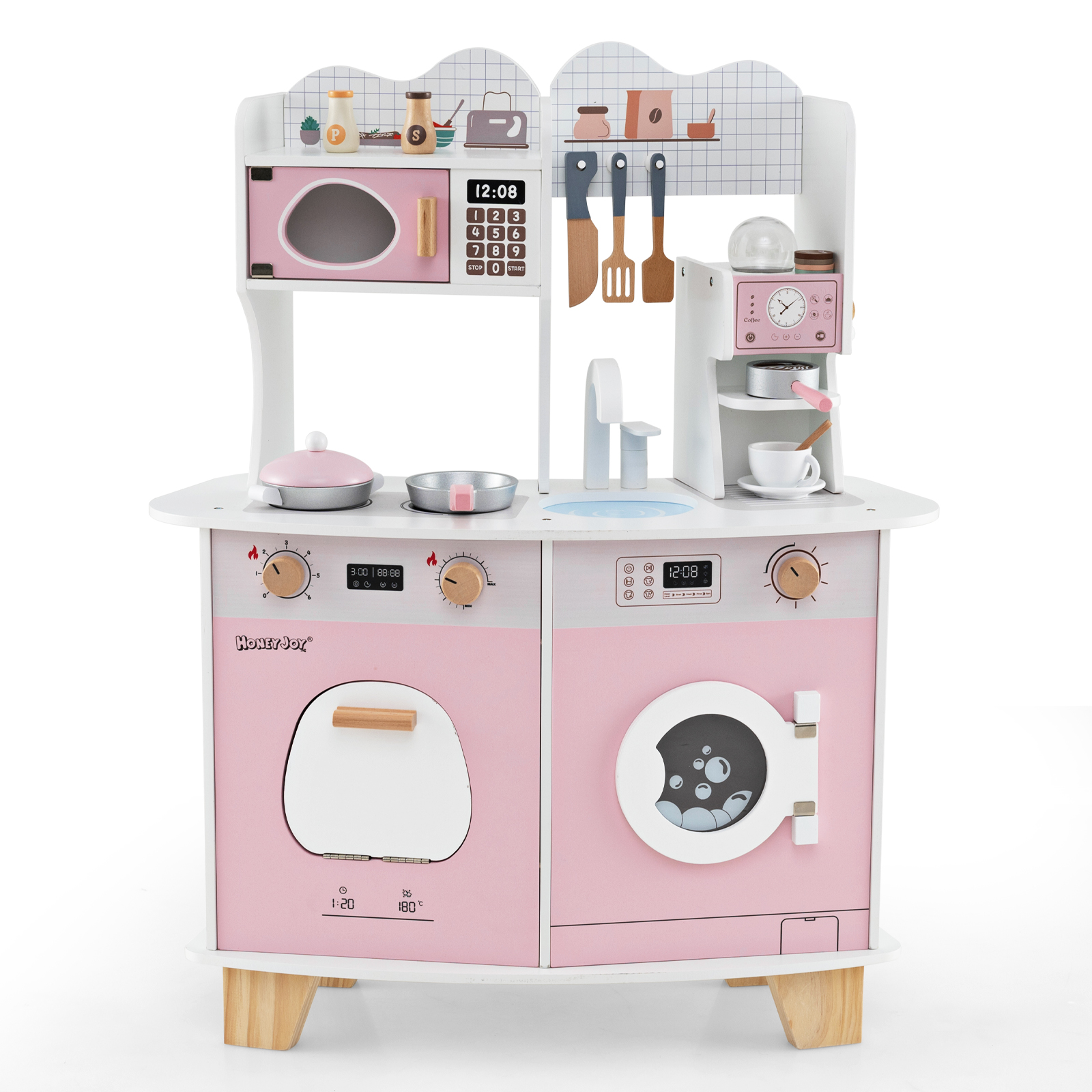 Wooden Kids Kitchen Playset with Coffee Maker for 3+ Years Old-Pink