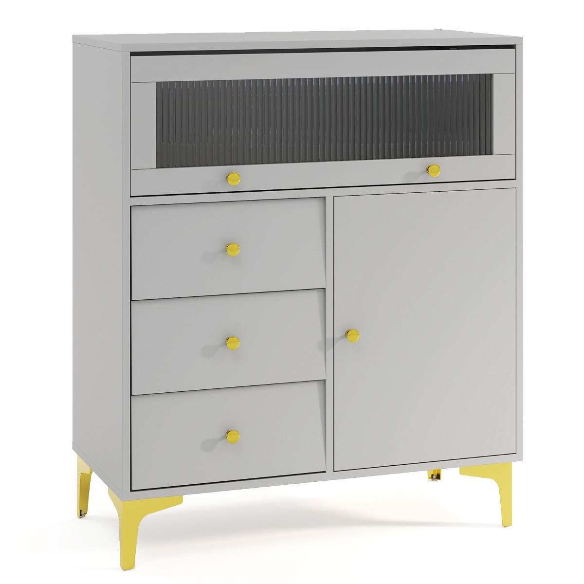 Chest of Drawers with Flip Up Fluted Glass Door and Pull-out Drawers-Grey