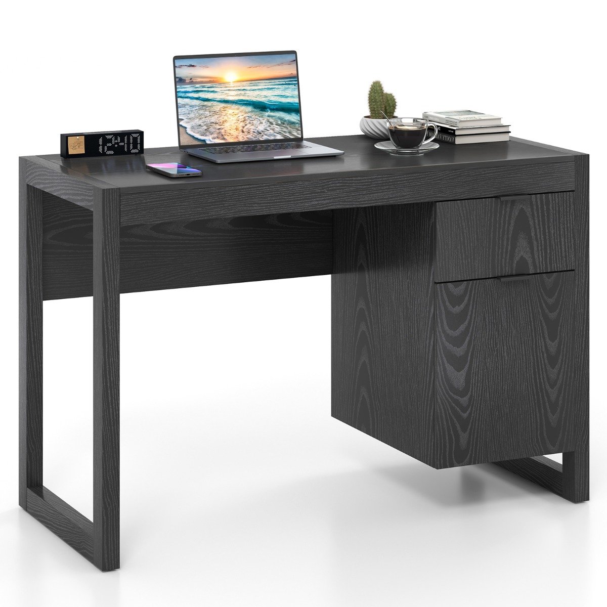 Wooden Computer Desk with Drawer and Cabinet-Black