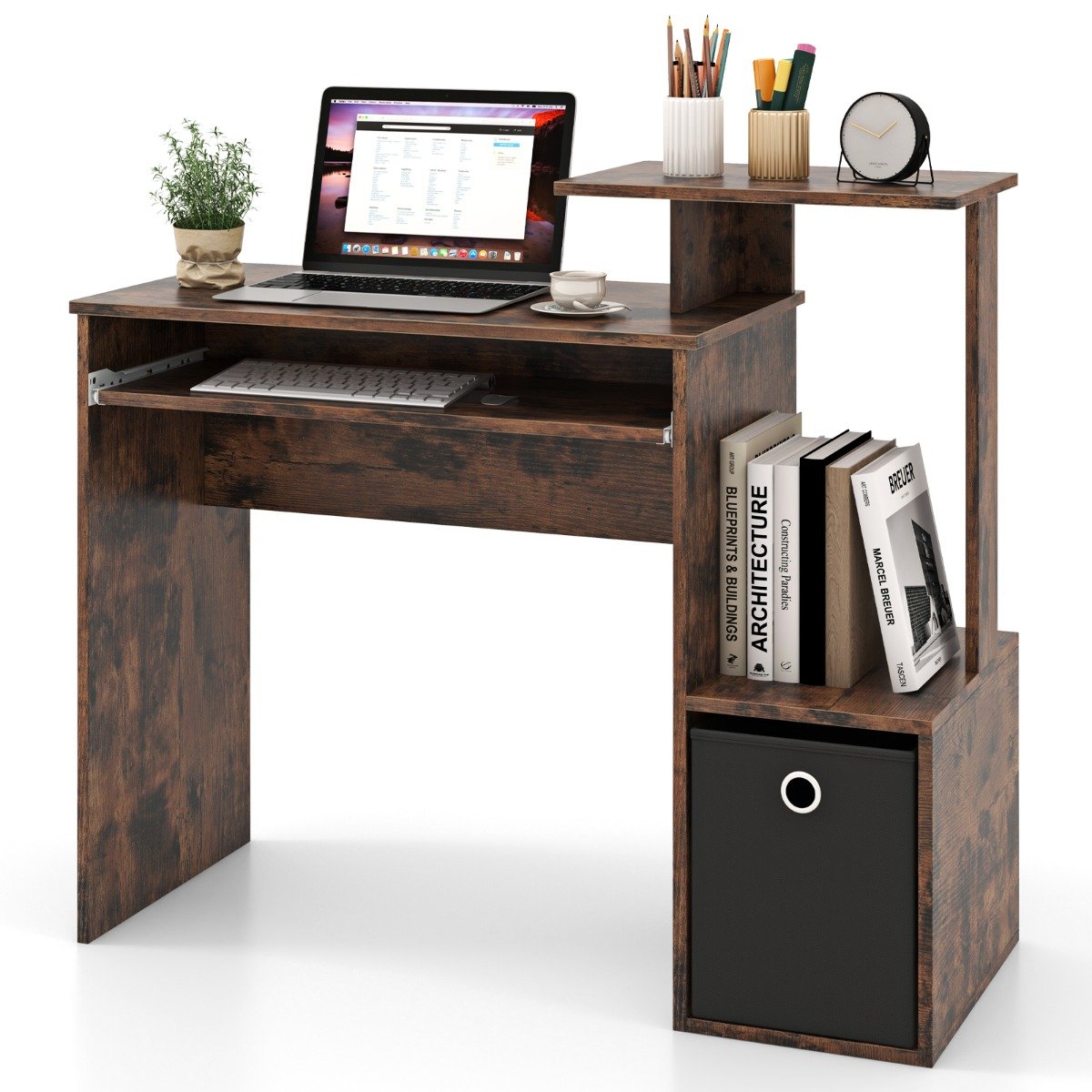 Space-saving Computer Desk with Open Shelf and Fabric Storage Drawer-Rustic Brown