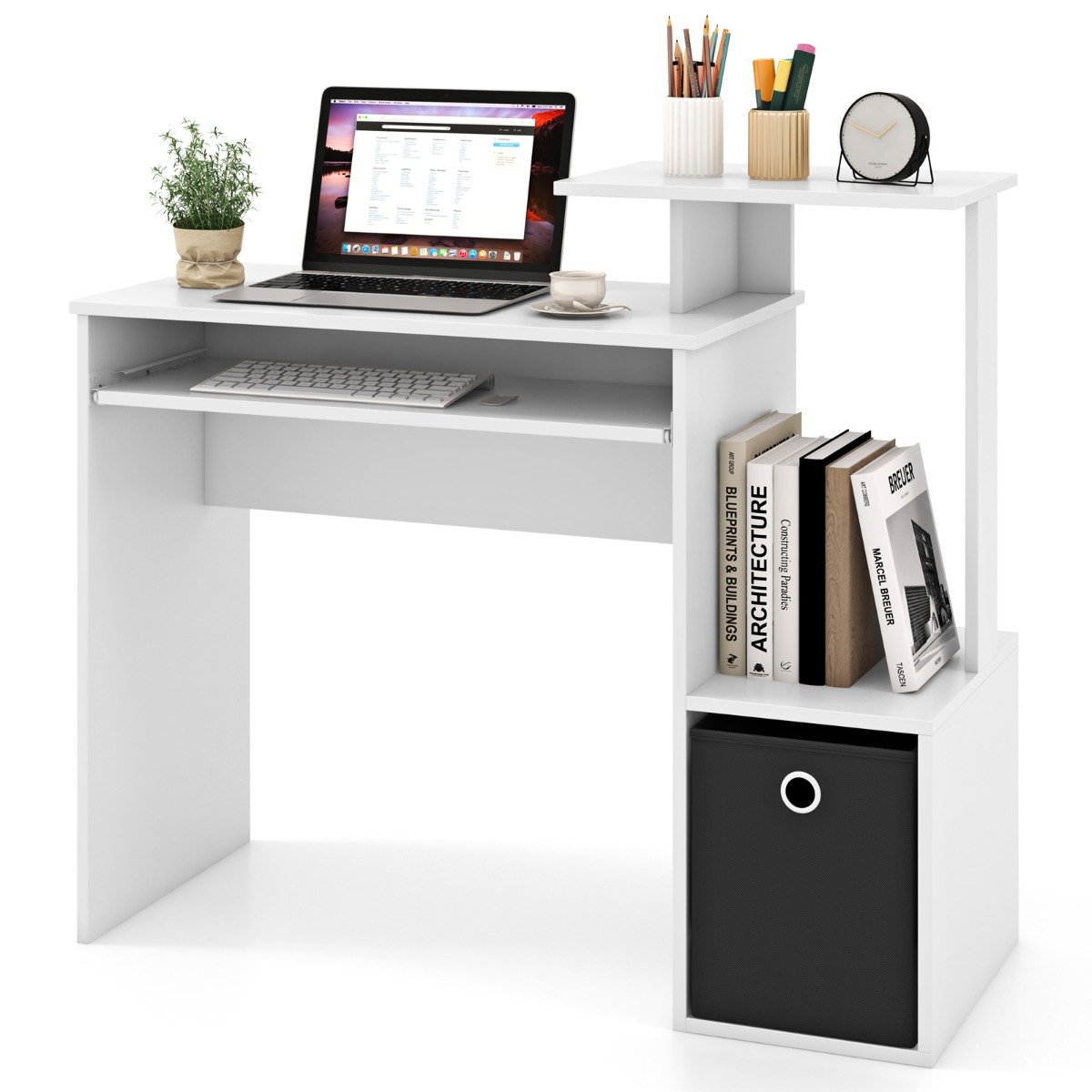 Space-saving Computer Desk with Open Shelf and Fabric Storage Drawer-White