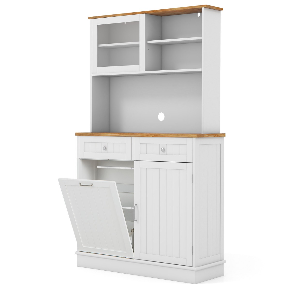 Double Tilt Out Trash Cabinet with Rubber Wood Countertop for Kitchen Dining Room-White