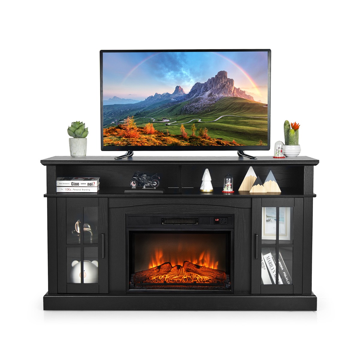 58 Inch Rustic Fireplace TV Stand with 2 Open Storage Compartments-Black