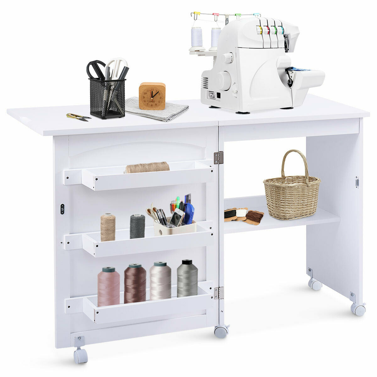 Folding Sewing Table with Storage Shelves and Lockable Casters-White