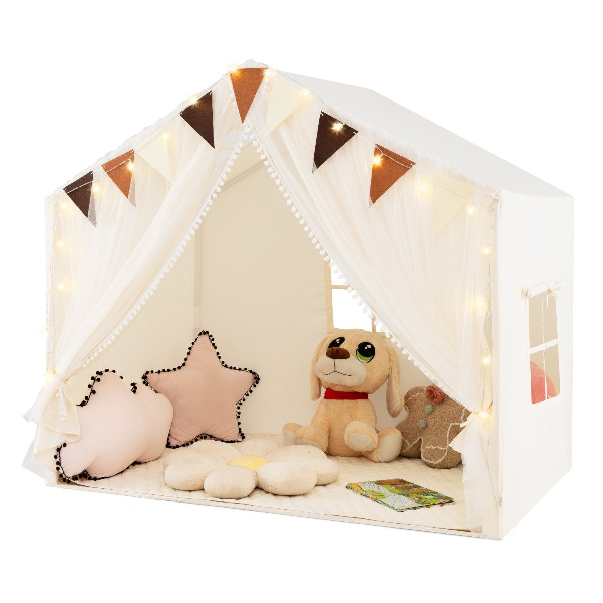 Kids Play Tent 3-4 Kids Large Play Tent House with Fabric and Screen Curtains-Beige