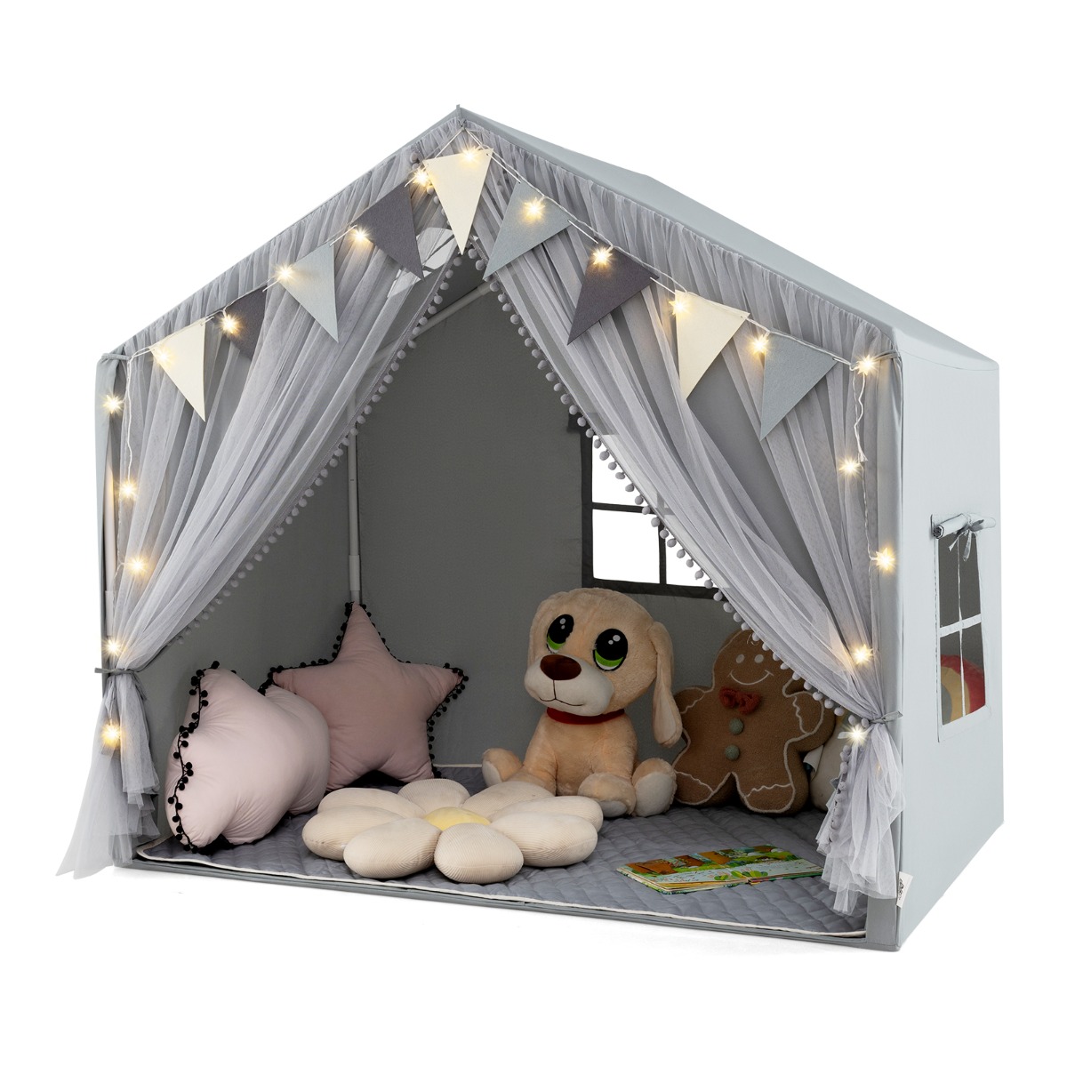 Kids Play Tent 3-4 Kids Large Play Tent House with Fabric and Screen Curtains-Grey