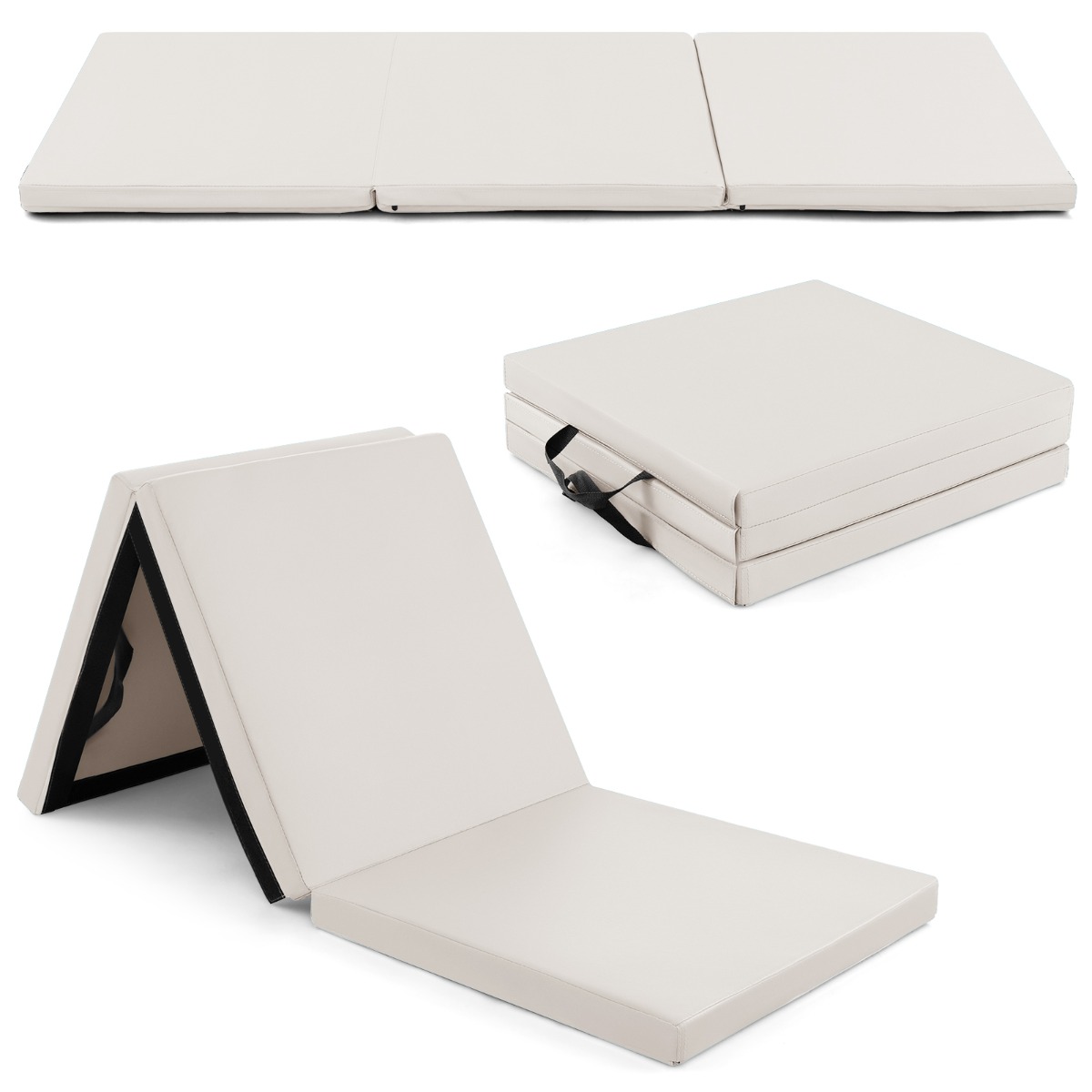 Tri-Fold Folding Exercise Mat with PU Leather Cover-Grey