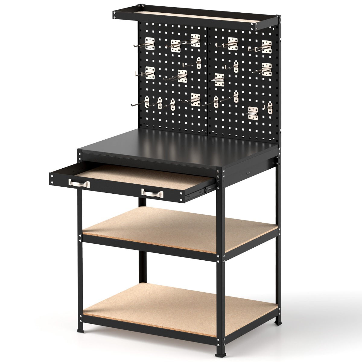 81 x 41 CM Workbench with Pegboard and Drawer and Shelves-Black